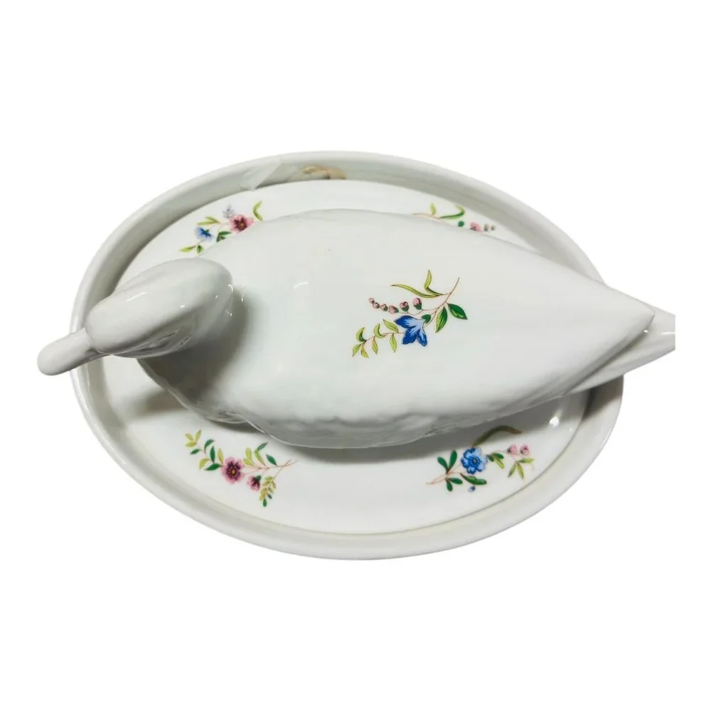 Vintage BIA Cordon Bleu Ceramic Duck Tureen With Lid Floral Design 6